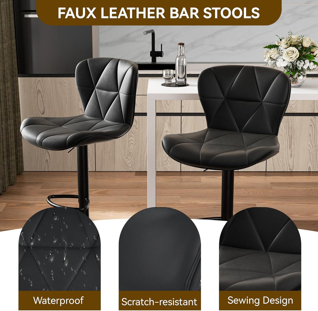 Modern Bar Stools Set of 2, Adjustable Faux Leather Upholstered Swivel Bar Stools, Counter Height Bar Chairs with Back for Kitchen Island, Black - Grand Goldman