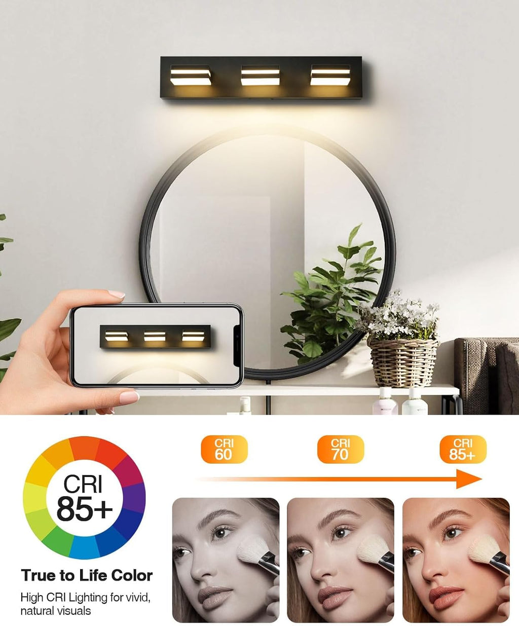 Modern Bathroom Light Fixtures, 3-Light LED Bathroom Vanity Light Over Mirror, 22-Inch Matte Black Wall Mount with Milky White Acrylic Shades, Rotatable Light Head, 3CCT Adjustable Color Temperature - Grand Goldman