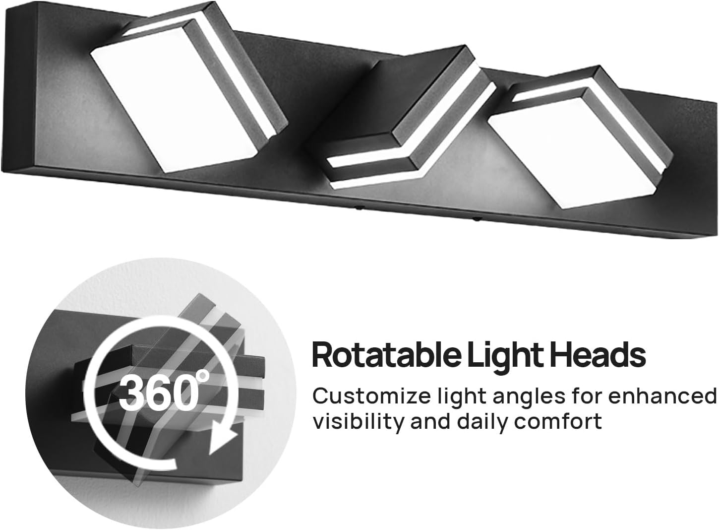 Modern Bathroom Light Fixtures, 3-Light LED Bathroom Vanity Light Over Mirror, 22-Inch Matte Black Wall Mount with Milky White Acrylic Shades, Rotatable Light Head, 3CCT Adjustable Color Temperature - Grand Goldman