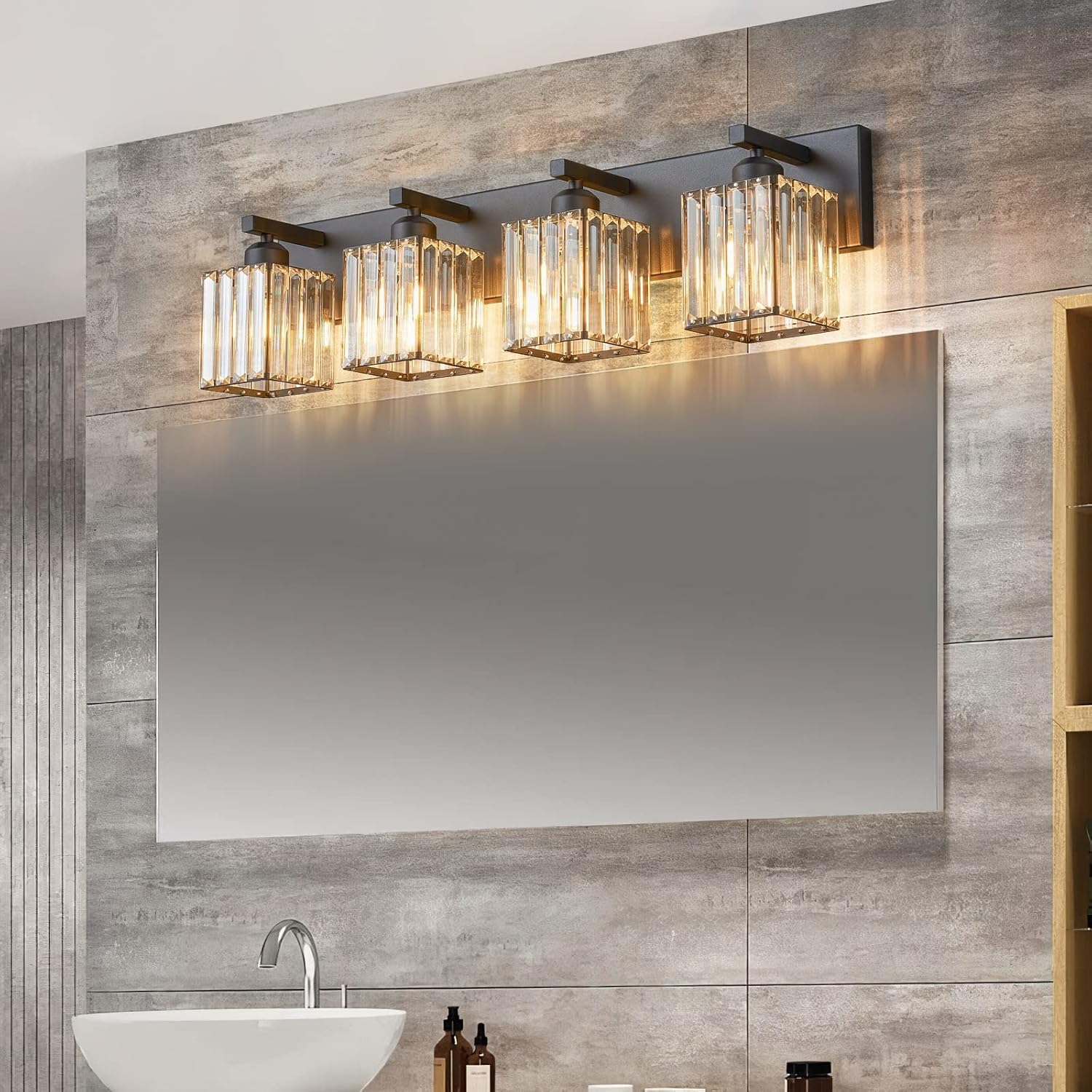 Modern Bathroom Vanity Light 4-Lights Modern Black Crystal Bathroom Wall Light Bathroom Vanity Light Fixtures - Grand Goldman