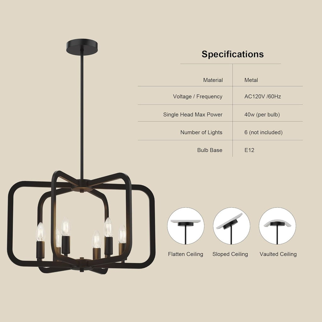 Modern Black Chandelier Light Fixture for Dining Room, Kitchen 6 Light Metal Chandeliers Over Table, Industrial Geometric Chandelier for Living Room, Dining Room Hallway Foyer Light Fixture - Grand Goldman