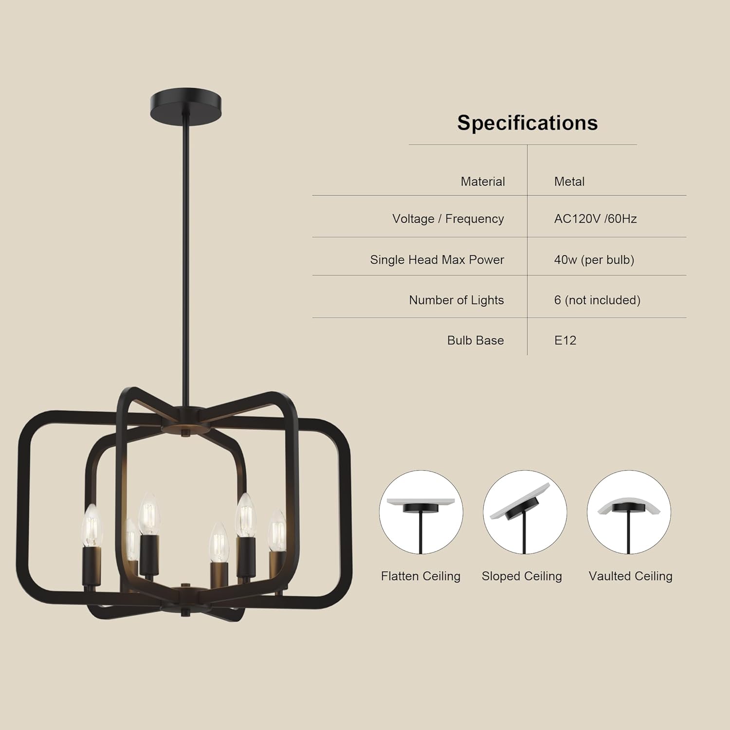 Modern Black Chandelier Light Fixture for Dining Room, Kitchen 6 Light Metal Chandeliers Over Table, Industrial Geometric Chandelier for Living Room, Dining Room Hallway Foyer Light Fixture - Grand Goldman