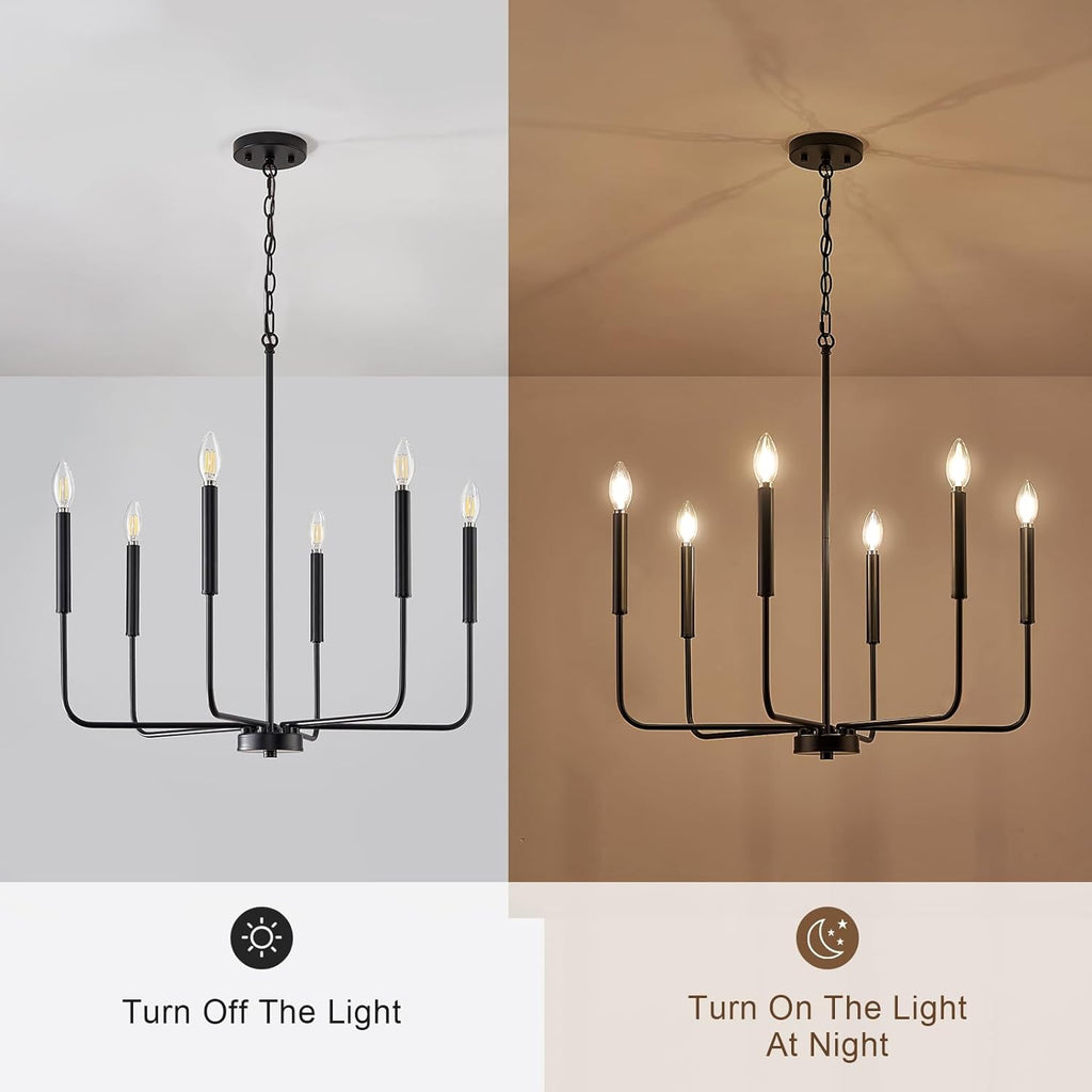 Modern Black Chandelier for Dining Room,Metal 6-Light Kitchen Light Fixtures,Farmhouse Candle Hanging Pendant Light for Living Room Entryway Foyer Bedroom (Bulbs Not Included) - Grand Goldman
