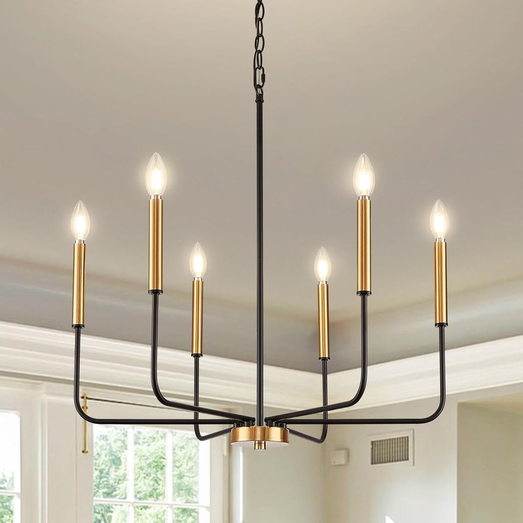 Modern Black Chandelier for Dining Room,Metal 6-Light Kitchen Light Fixtures,Farmhouse Candle Hanging Pendant Light for Living Room Entryway Foyer Bedroom (Bulbs Not Included) - Grand Goldman