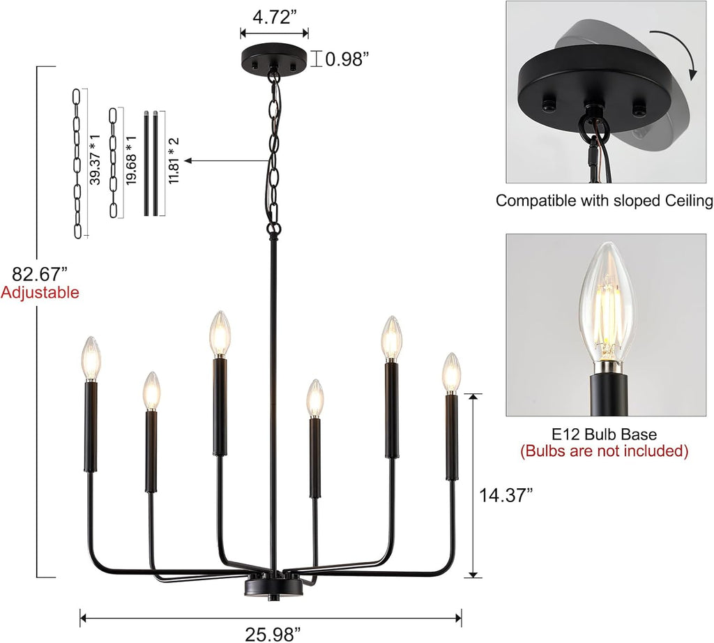 Modern Black Chandelier for Dining Room,Metal 6-Light Kitchen Light Fixtures,Farmhouse Candle Hanging Pendant Light for Living Room Entryway Foyer Bedroom (Bulbs Not Included) - Grand Goldman