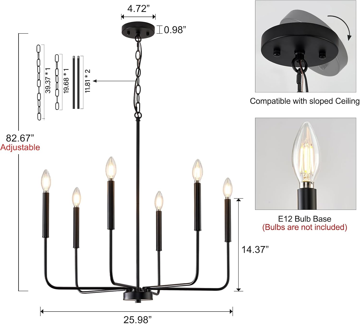 Modern Black Chandelier for Dining Room,Metal 6-Light Kitchen Light Fixtures,Farmhouse Candle Hanging Pendant Light for Living Room Entryway Foyer Bedroom (Bulbs Not Included) - Grand Goldman