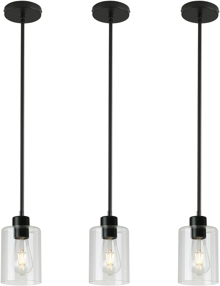 Modern Black Farmhouse Clear Glass Cylinder Pendant Light Fixture,Island Lights for Kitchen,Mini Pendant Lighting for Kitchen Island Decor - 4.75 Inch Shade 58 Inch Cord (Black 2 Pack) - Grand Goldman