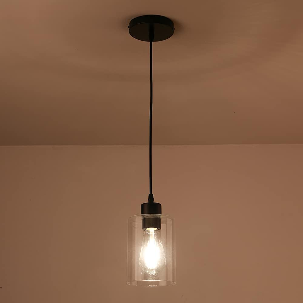 Modern Black Farmhouse Clear Glass Cylinder Pendant Light Fixture,Island Lights for Kitchen,Mini Pendant Lighting for Kitchen Island Decor - 4.75 Inch Shade 58 Inch Cord (Black 2 Pack) - Grand Goldman