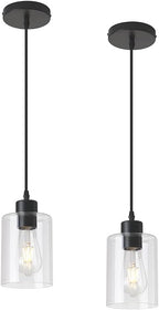 Modern Black Farmhouse Clear Glass Cylinder Pendant Light Fixture,Island Lights for Kitchen,Mini Pendant Lighting for Kitchen Island Decor - 4.75 Inch Shade 58 Inch Cord (Black 2 Pack) - Grand Goldman