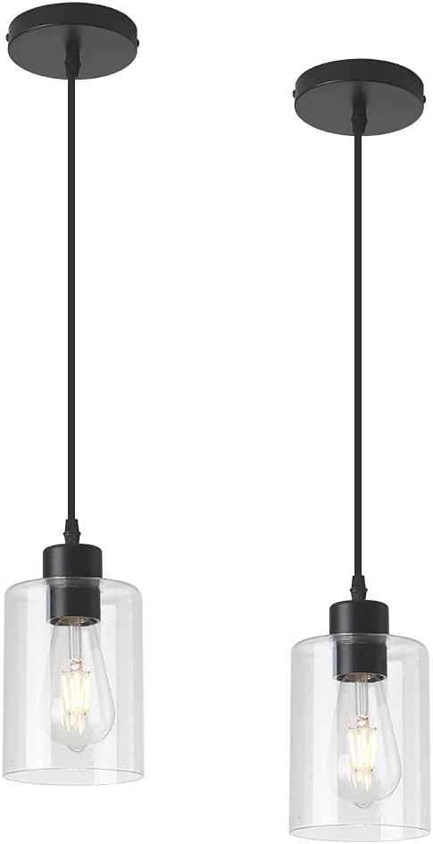 Modern Black Farmhouse Clear Glass Cylinder Pendant Light Fixture,Island Lights for Kitchen,Mini Pendant Lighting for Kitchen Island Decor - 4.75 Inch Shade 58 Inch Cord (Black 2 Pack) - Grand Goldman