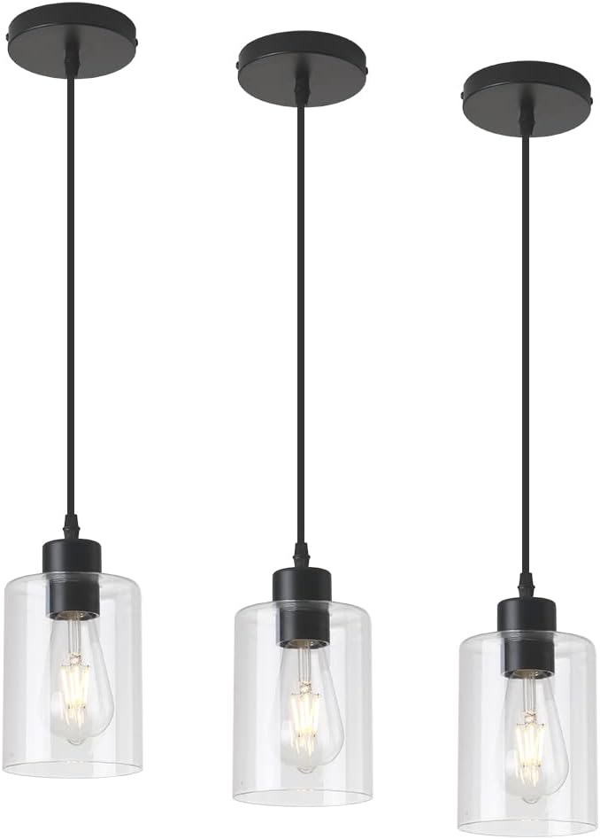 Modern Black Farmhouse Clear Glass Cylinder Pendant Light Fixture,Island Lights for Kitchen,Mini Pendant Lighting for Kitchen Island Decor - 4.75 Inch Shade 58 Inch Cord (Black 2 Pack) - Grand Goldman