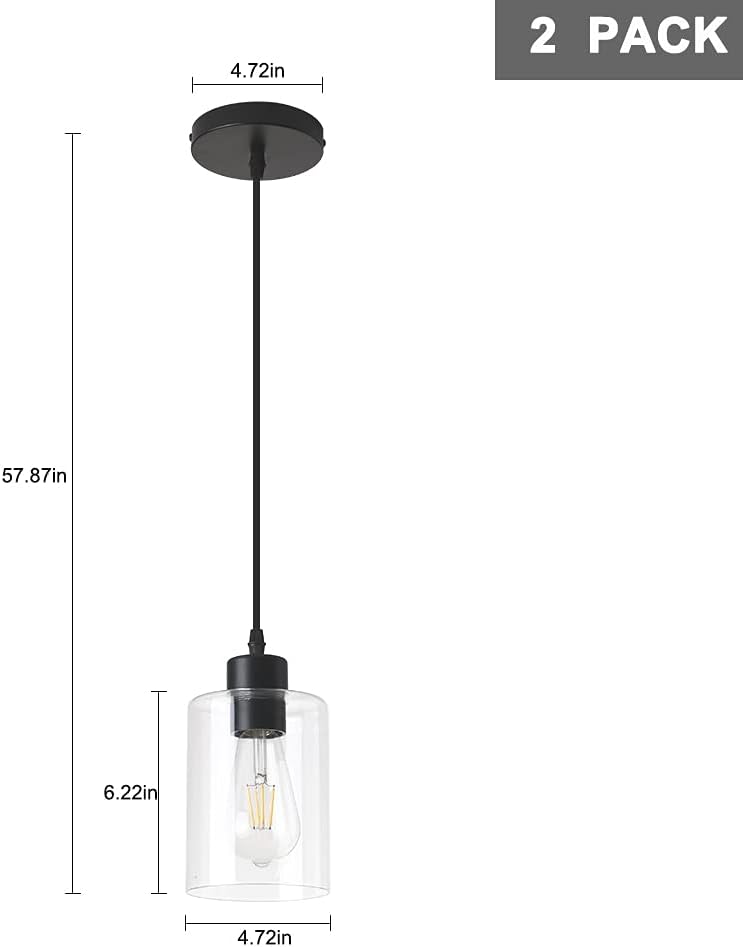 Modern Black Farmhouse Clear Glass Cylinder Pendant Light Fixture,Island Lights for Kitchen,Mini Pendant Lighting for Kitchen Island Decor - 4.75 Inch Shade 58 Inch Cord (Black 2 Pack) - Grand Goldman