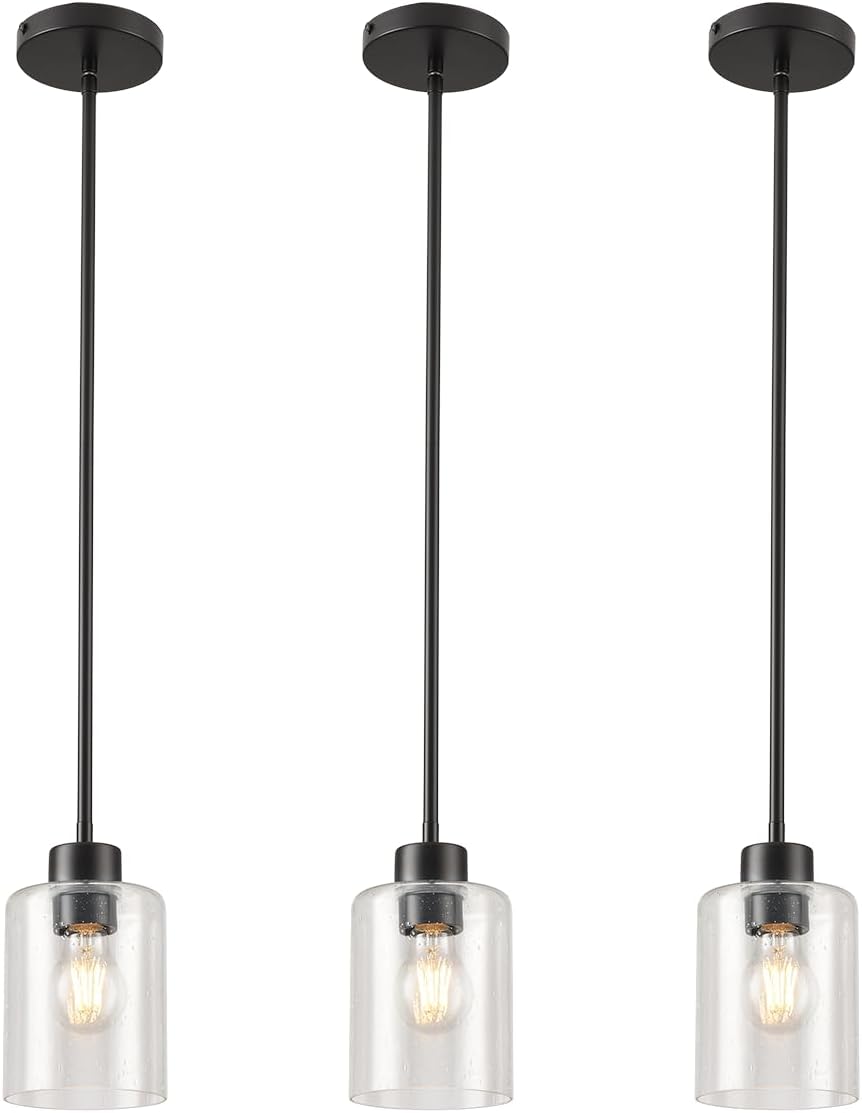 Modern Black Farmhouse Clear Glass Cylinder Pendant Light Fixture,Island Lights for Kitchen,Mini Pendant Lighting for Kitchen Island Decor - 4.75 Inch Shade 58 Inch Cord (Black 2 Pack) - Grand Goldman