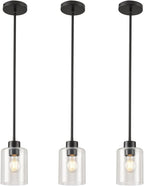 Modern Black Farmhouse Clear Glass Cylinder Pendant Light Fixture,Island Lights for Kitchen,Mini Pendant Lighting for Kitchen Island Decor - 4.75 Inch Shade 58 Inch Cord (Black 2 Pack) - Grand Goldman