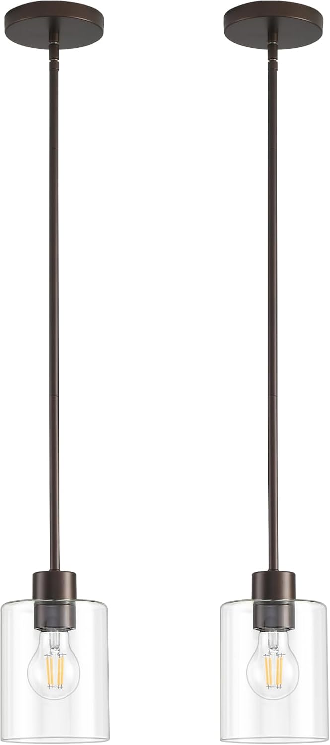 Modern Black Farmhouse Clear Glass Cylinder Pendant Light Fixture,Island Lights for Kitchen,Mini Pendant Lighting for Kitchen Island Decor - 4.75 Inch Shade 58 Inch Cord (Black 2 Pack) - Grand Goldman