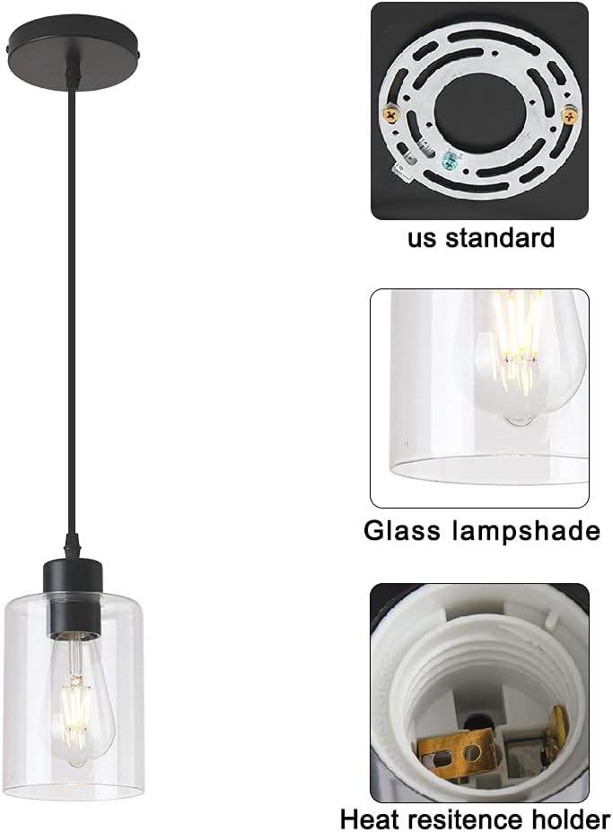 Modern Black Farmhouse Clear Glass Cylinder Pendant Light Fixture,Island Lights for Kitchen,Mini Pendant Lighting for Kitchen Island Decor - 4.75 Inch Shade 58 Inch Cord (Black 2 Pack) - Grand Goldman