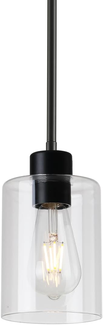 Modern Black Farmhouse Clear Glass Cylinder Pendant Light Fixture,Island Lights for Kitchen,Mini Pendant Lighting for Kitchen Island Decor - 4.75 Inch Shade 58 Inch Cord (Black 2 Pack) - Grand Goldman