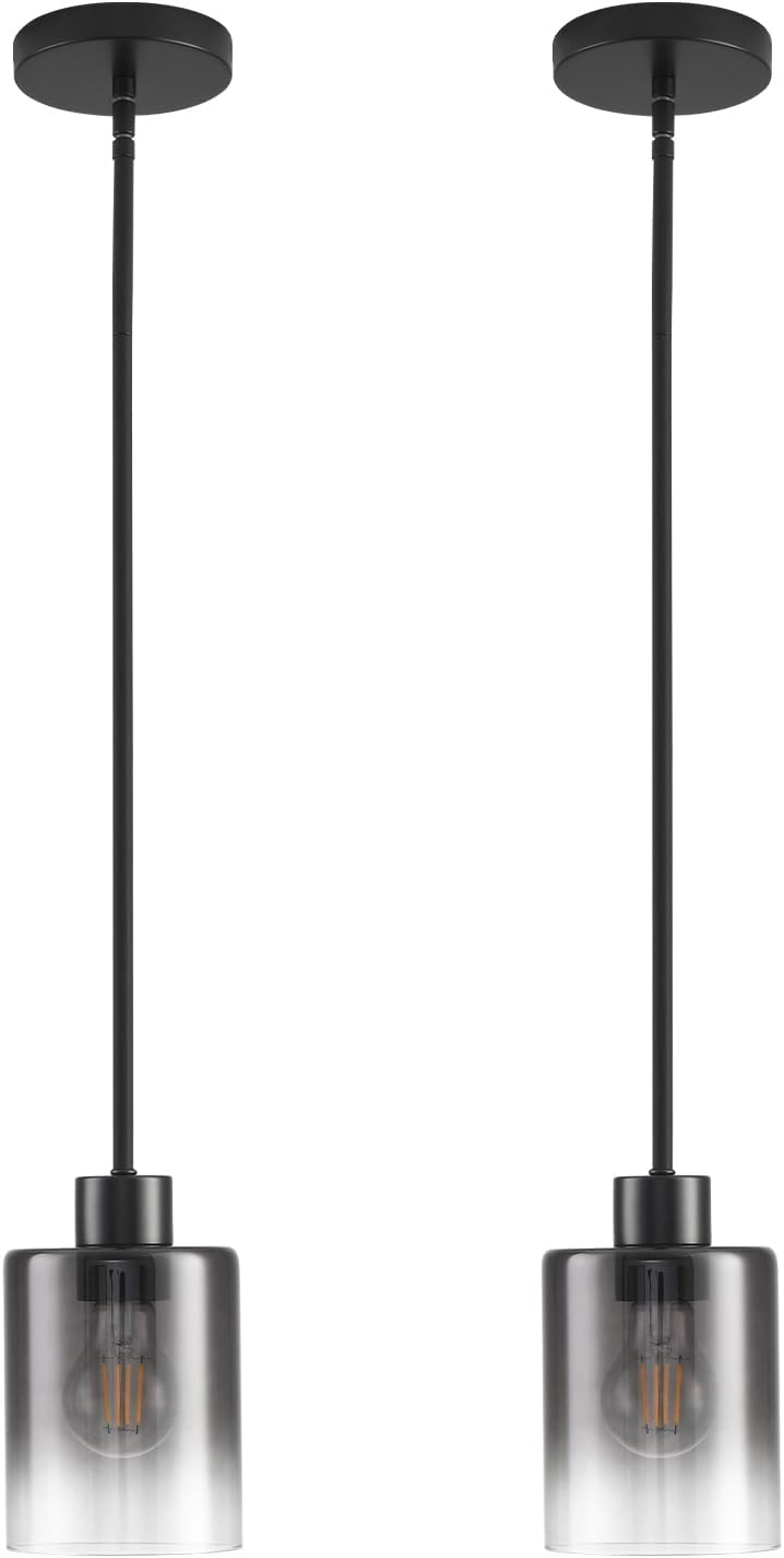 Modern Black Farmhouse Clear Glass Cylinder Pendant Light Fixture,Island Lights for Kitchen,Mini Pendant Lighting for Kitchen Island Decor - 4.75 Inch Shade 58 Inch Cord (Black 2 Pack) - Grand Goldman