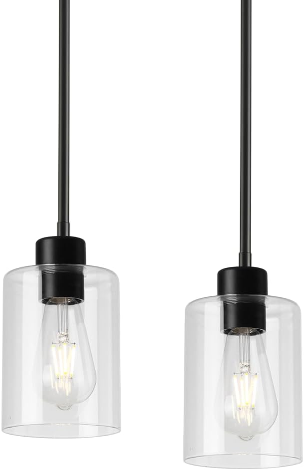 Modern Black Farmhouse Clear Glass Cylinder Pendant Light Fixture,Island Lights for Kitchen,Mini Pendant Lighting for Kitchen Island Decor - 4.75 Inch Shade 58 Inch Cord (Black 2 Pack) - Grand Goldman