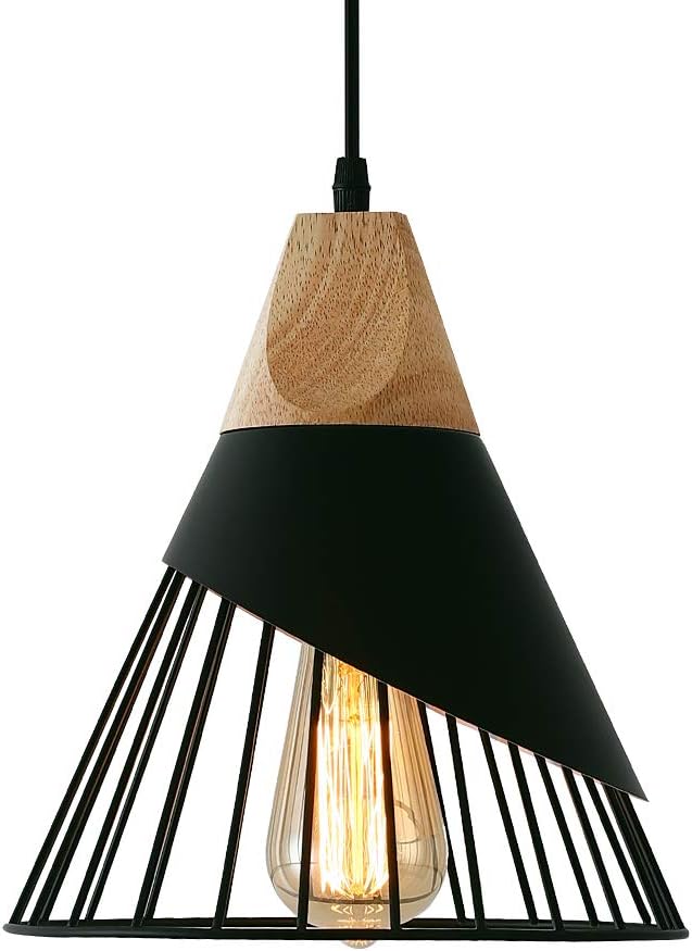 Modern Black Pendant Light Over Kitchen Island, Adjustable Wood Hanging Light Fixture,Industrial Pendant Lighting for Dining Room,Living Room,Bedroom,Hallway,Kitchen,Bar - Grand Goldman