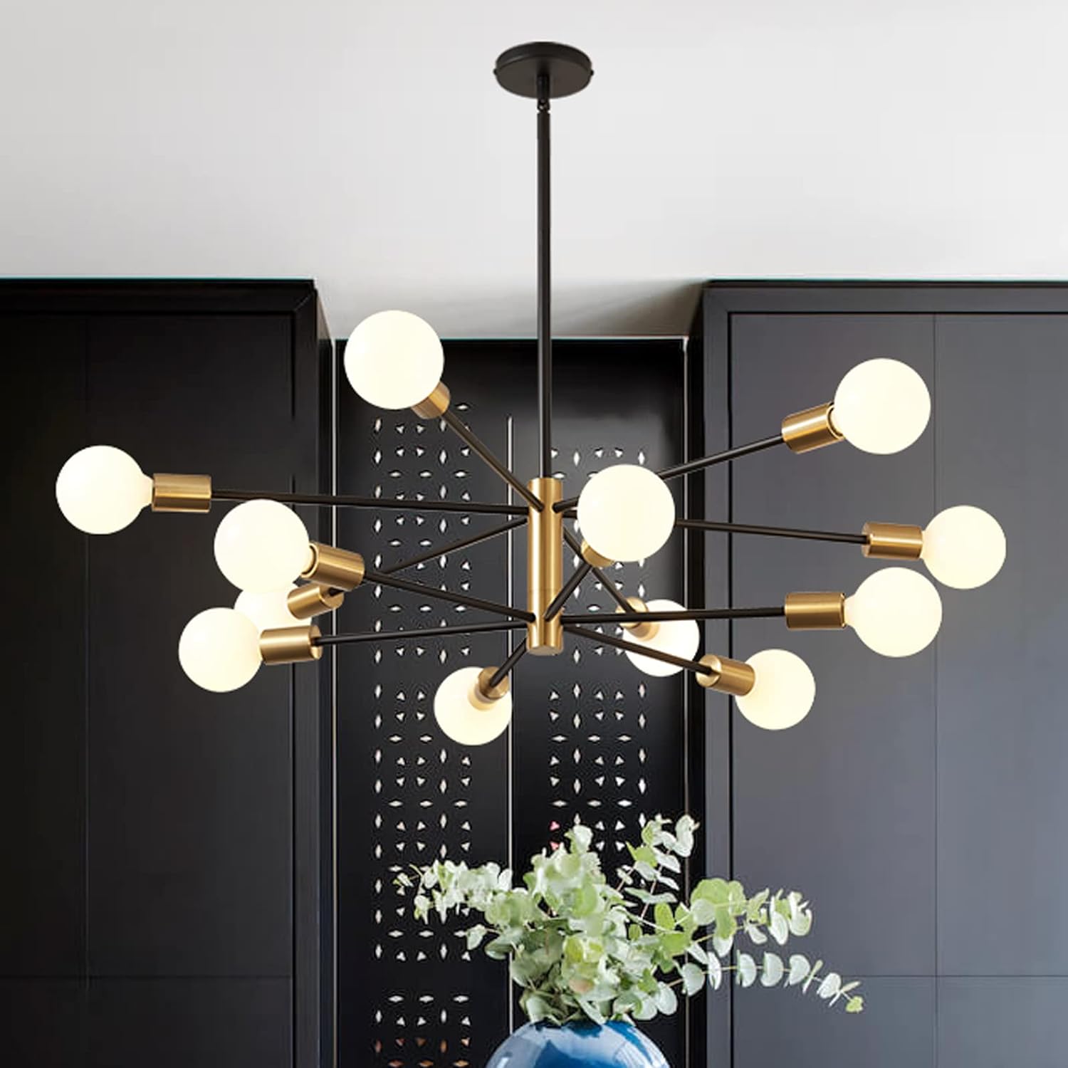 Modern Chandelier Ceiling Light Fixture Sputnik Chandeliers Gold and Black Farmhouse Chandelier Over Table 12-Light Height Adjustable Chandeliers for Dining Room, Living Room,Kitchen Island - Grand Goldman