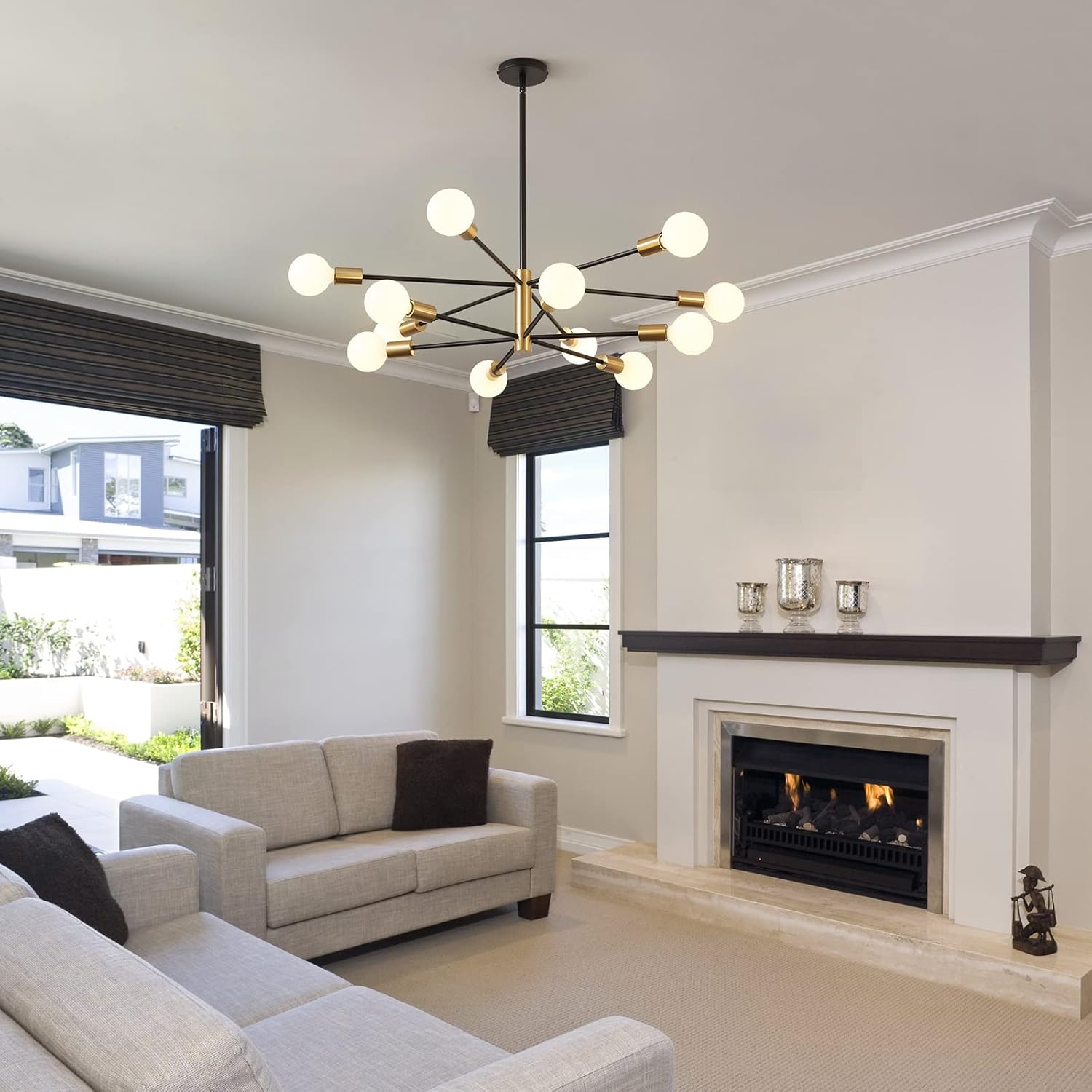 Modern Chandelier Ceiling Light Fixture Sputnik Chandeliers Gold and Black Farmhouse Chandelier Over Table 12-Light Height Adjustable Chandeliers for Dining Room, Living Room,Kitchen Island - Grand Goldman