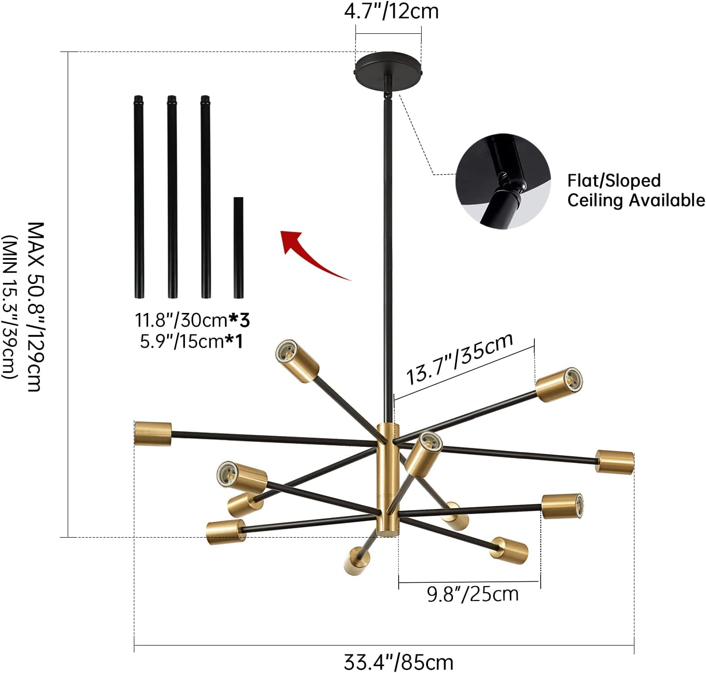 Modern Chandelier Ceiling Light Fixture Sputnik Chandeliers Gold and Black Farmhouse Chandelier Over Table 12-Light Height Adjustable Chandeliers for Dining Room, Living Room,Kitchen Island - Grand Goldman