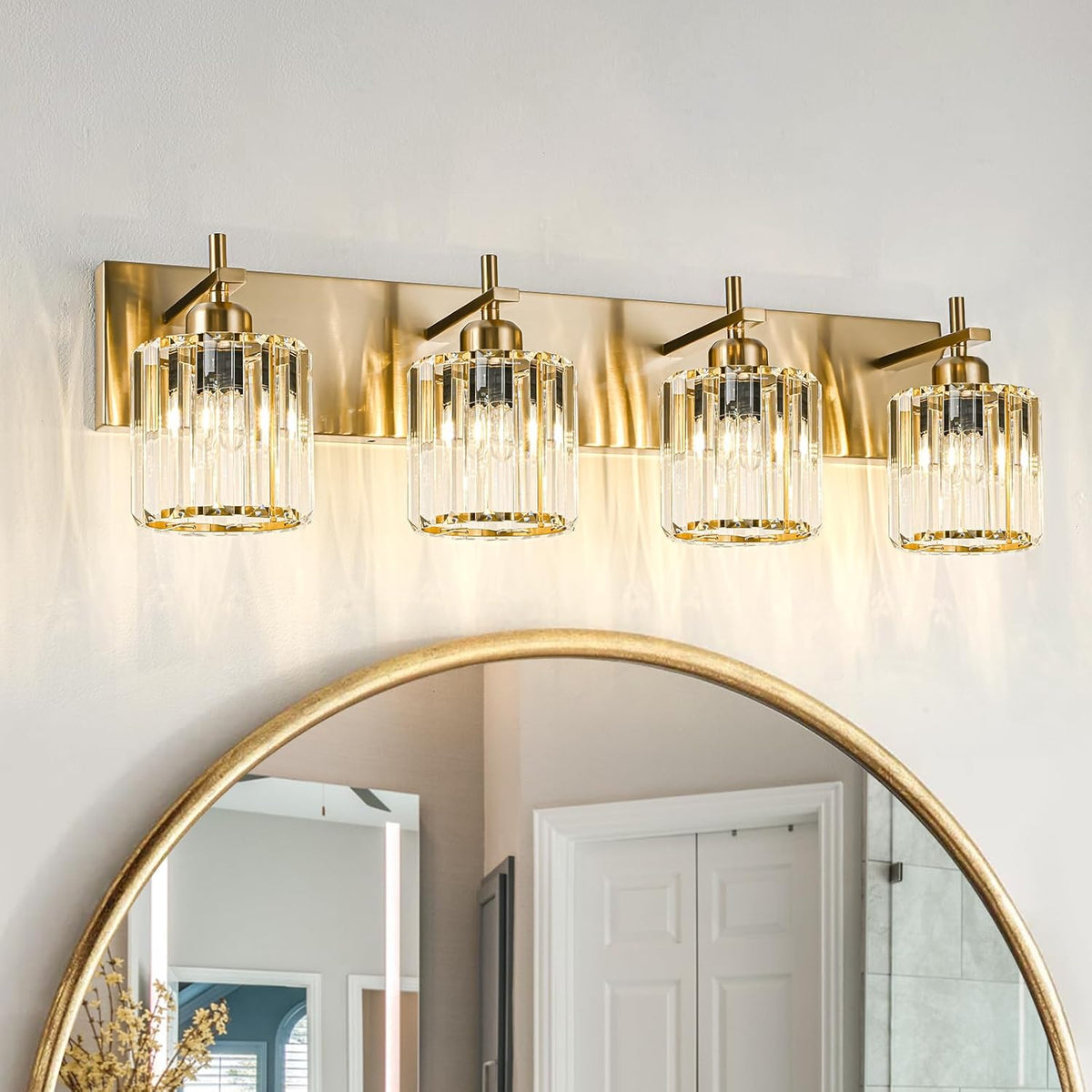 Modern Crystal Bathroom Vanity Light 3-Light Brass Wall Light Fixtures Over Mirror Black and Gold Vanity Lighting for Bathroom Square Shade Brass Wall Sconce - Grand Goldman