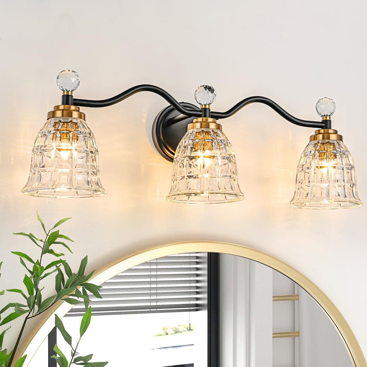 Modern Crystal Bathroom Vanity Light 3-Light Brass Wall Light Fixtures Over Mirror Black and Gold Vanity Lighting for Bathroom Square Shade Brass Wall Sconce - Grand Goldman