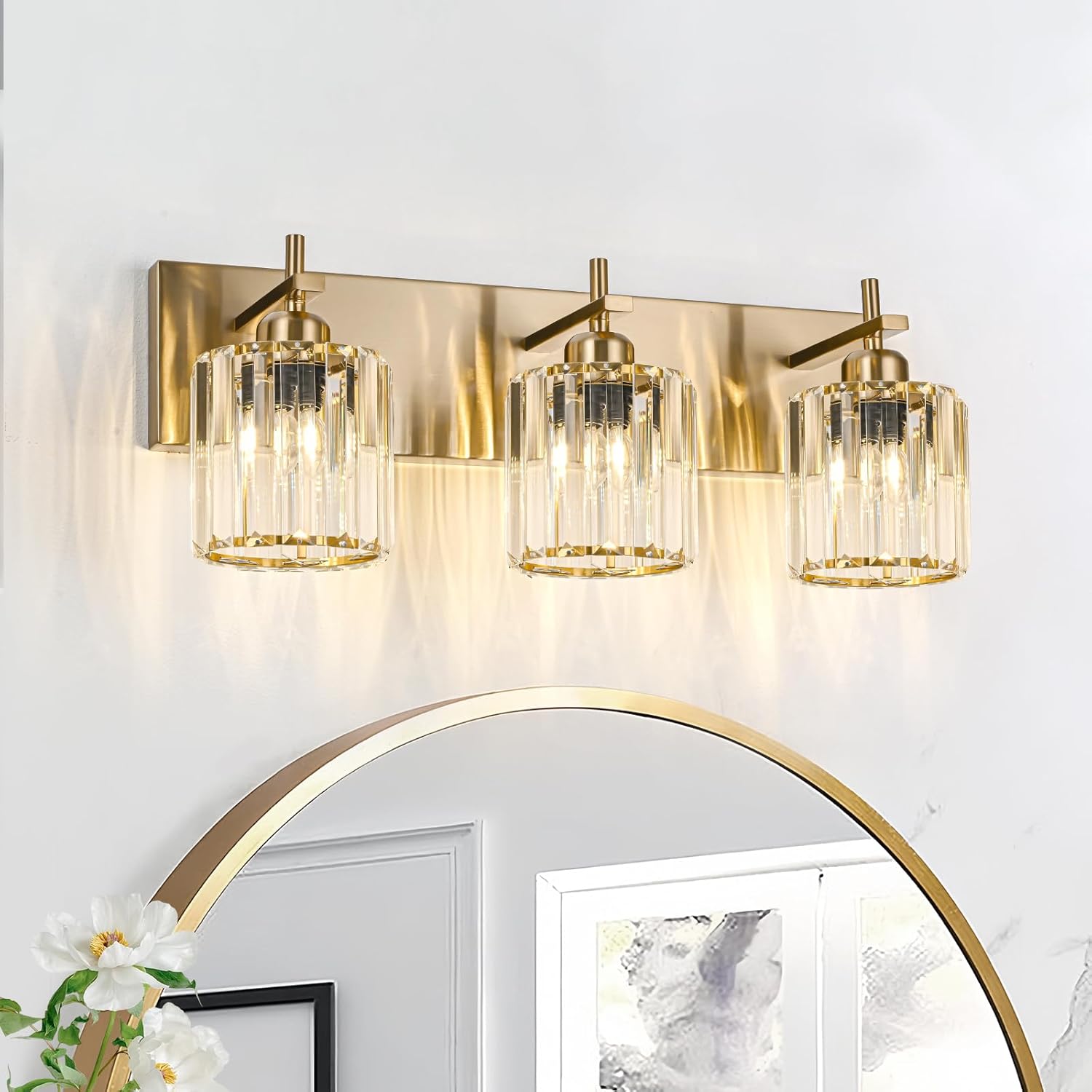 Modern Crystal Bathroom Vanity Light 3-Light Brass Wall Light Fixtures Over Mirror Black and Gold Vanity Lighting for Bathroom Square Shade Brass Wall Sconce - Grand Goldman
