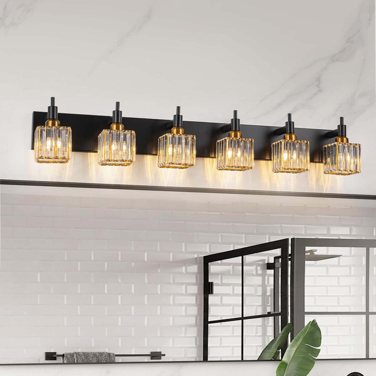Modern Crystal Bathroom Vanity Light 3-Light Brass Wall Light Fixtures Over Mirror Black and Gold Vanity Lighting for Bathroom Square Shade Brass Wall Sconce - Grand Goldman