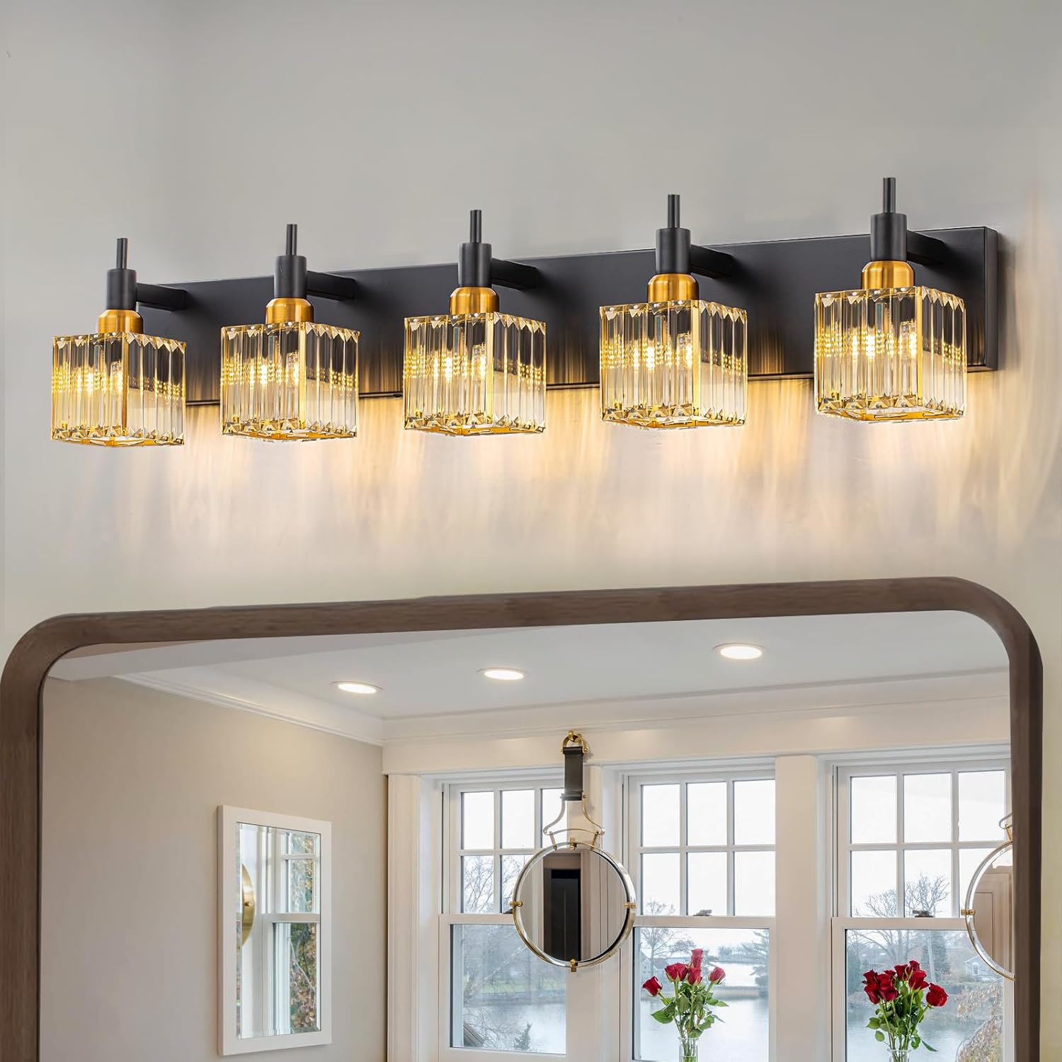 Modern Crystal Bathroom Vanity Light 3-Light Brass Wall Light Fixtures Over Mirror Black and Gold Vanity Lighting for Bathroom Square Shade Brass Wall Sconce - Grand Goldman