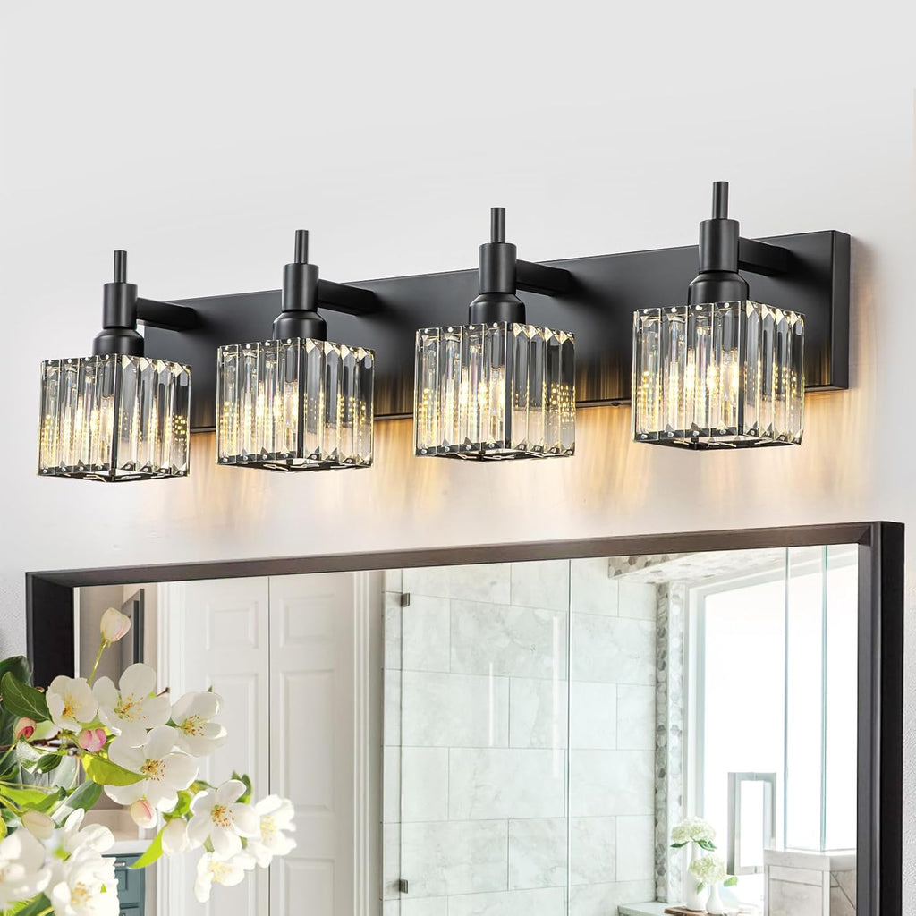 Modern Crystal Bathroom Vanity Light 3-Light Brass Wall Light Fixtures Over Mirror Black and Gold Vanity Lighting for Bathroom Square Shade Brass Wall Sconce - Grand Goldman