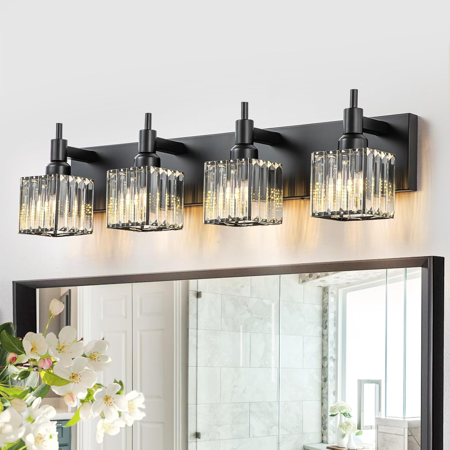 Modern Crystal Bathroom Vanity Light 3-Light Brass Wall Light Fixtures Over Mirror Black and Gold Vanity Lighting for Bathroom Square Shade Brass Wall Sconce - Grand Goldman