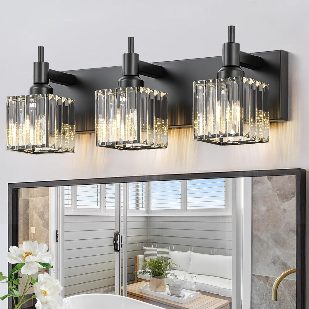 Modern Crystal Bathroom Vanity Light 3-Light Brass Wall Light Fixtures Over Mirror Black and Gold Vanity Lighting for Bathroom Square Shade Brass Wall Sconce - Grand Goldman