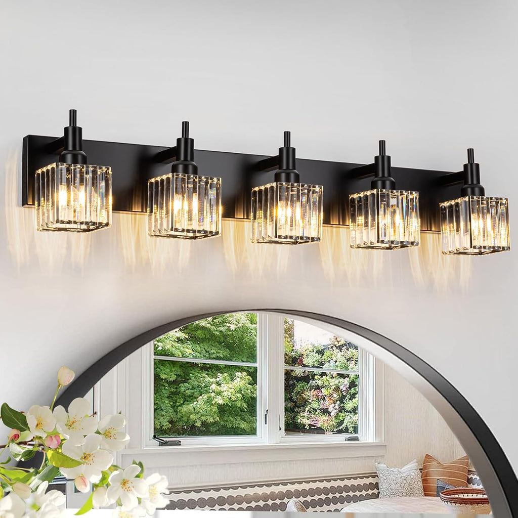 Modern Crystal Bathroom Vanity Light 3-Light Brass Wall Light Fixtures Over Mirror Black and Gold Vanity Lighting for Bathroom Square Shade Brass Wall Sconce - Grand Goldman