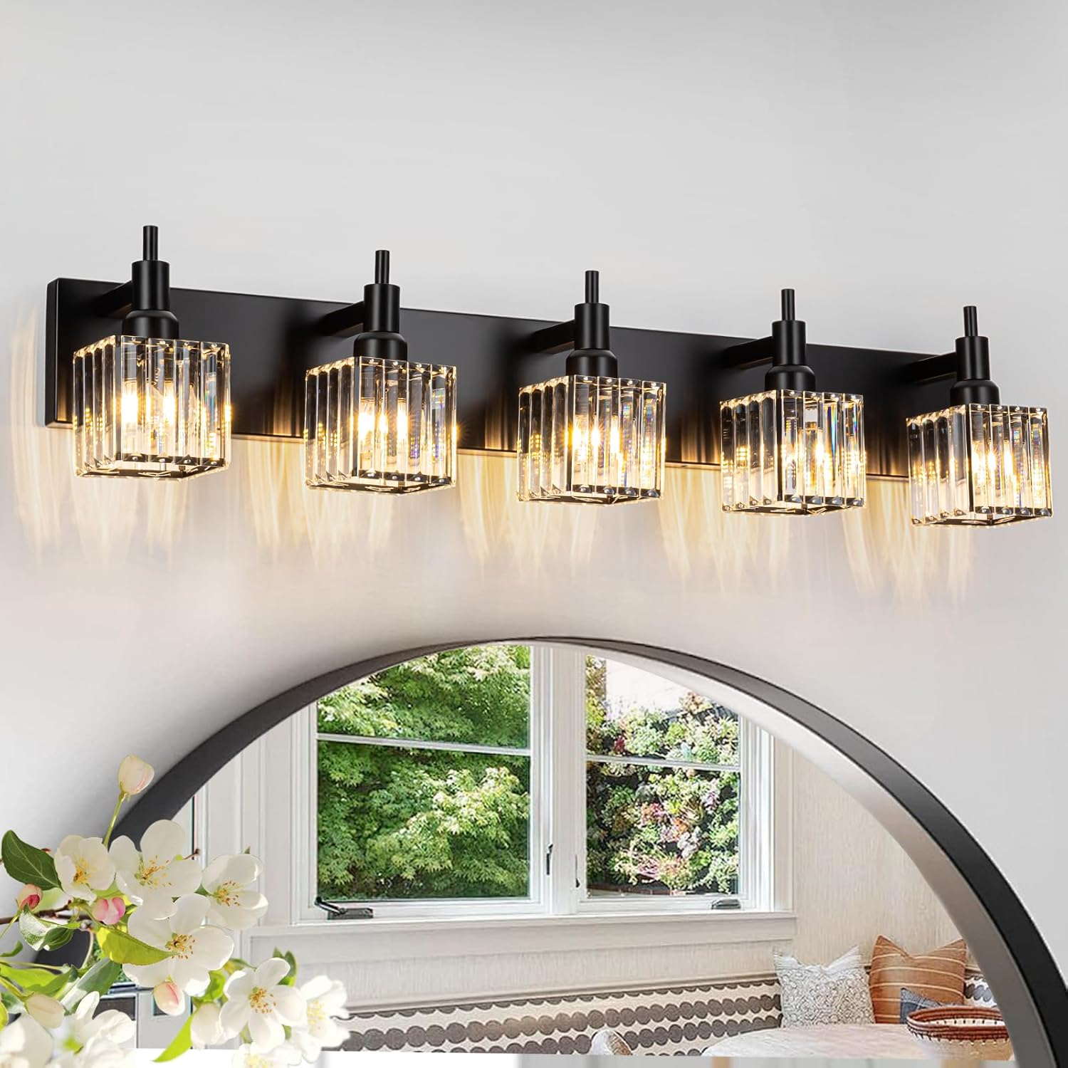 Modern Crystal Bathroom Vanity Light 3-Light Brass Wall Light Fixtures Over Mirror Black and Gold Vanity Lighting for Bathroom Square Shade Brass Wall Sconce - Grand Goldman