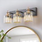 Modern Crystal Bathroom Vanity Light 3-Light Brass Wall Light Fixtures Over Mirror Black and Gold Vanity Lighting for Bathroom Square Shade Brass Wall Sconce - Grand Goldman