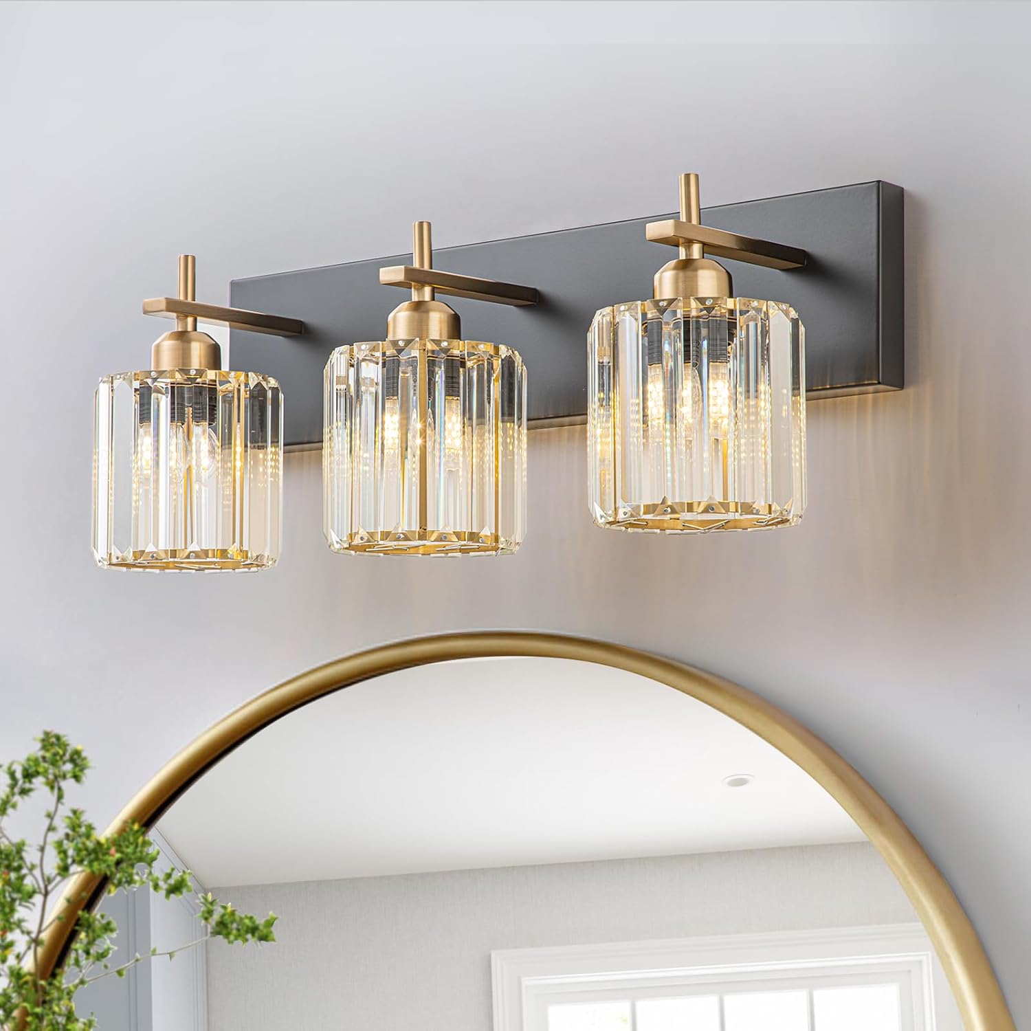 Modern Crystal Bathroom Vanity Light 3-Light Brass Wall Light Fixtures Over Mirror Black and Gold Vanity Lighting for Bathroom Square Shade Brass Wall Sconce - Grand Goldman