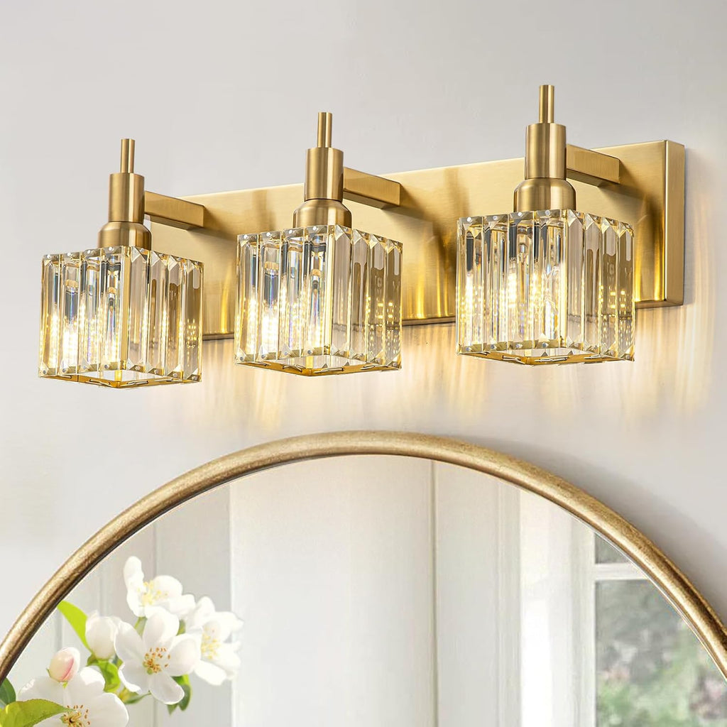 Modern Crystal Bathroom Vanity Light 3-Light Brass Wall Light Fixtures Over Mirror Black and Gold Vanity Lighting for Bathroom Square Shade Brass Wall Sconce - Grand Goldman