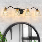 Modern Crystal Bathroom Vanity Light 3-Light Brass Wall Light Fixtures Over Mirror Black and Gold Vanity Lighting for Bathroom Square Shade Brass Wall Sconce - Grand Goldman