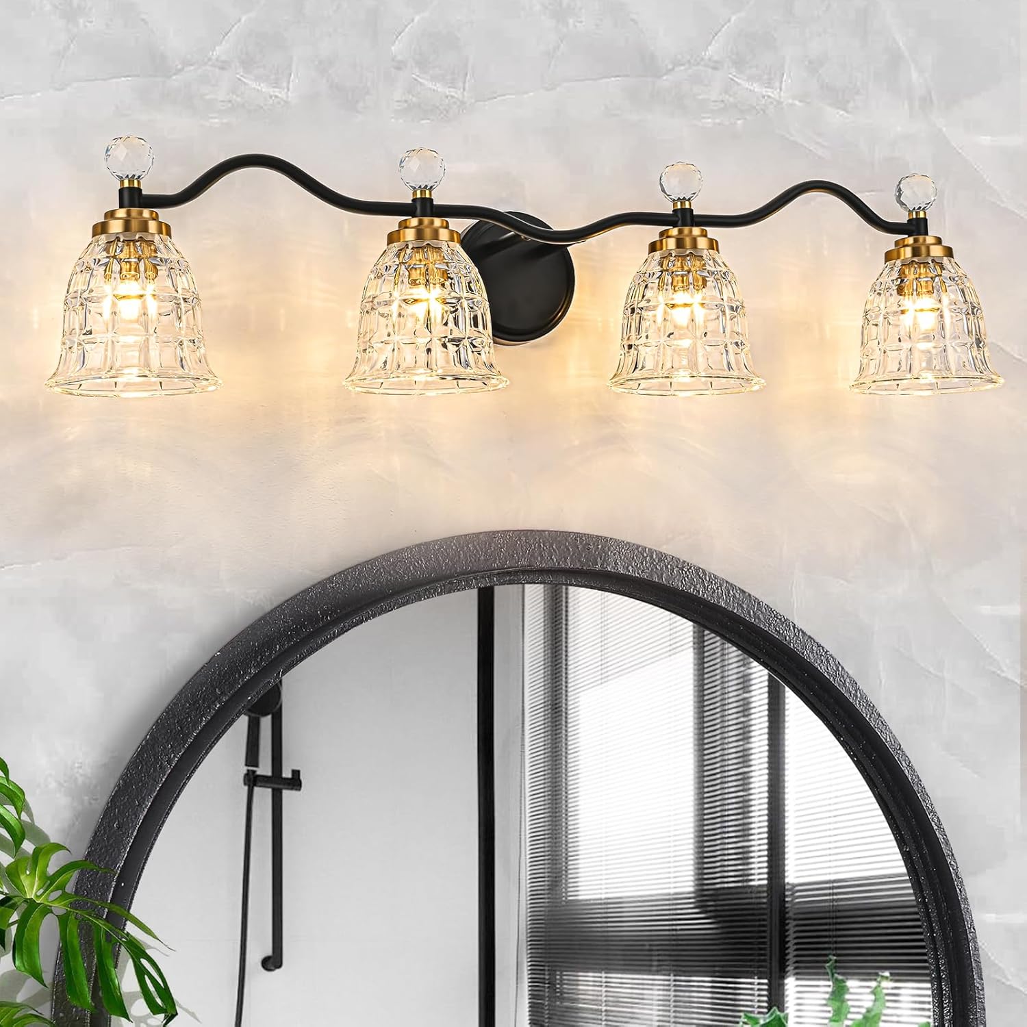 Modern Crystal Bathroom Vanity Light 3-Light Brass Wall Light Fixtures Over Mirror Black and Gold Vanity Lighting for Bathroom Square Shade Brass Wall Sconce - Grand Goldman