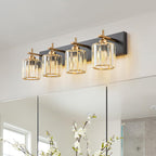 Modern Crystal Bathroom Vanity Light 3-Light Brass Wall Light Fixtures Over Mirror Black and Gold Vanity Lighting for Bathroom Square Shade Brass Wall Sconce - Grand Goldman