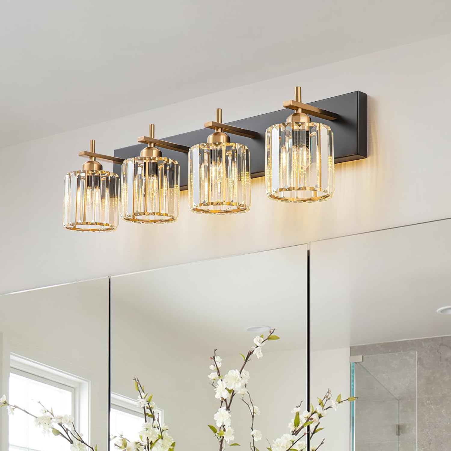 Modern Crystal Bathroom Vanity Light 3-Light Brass Wall Light Fixtures Over Mirror Black and Gold Vanity Lighting for Bathroom Square Shade Brass Wall Sconce - Grand Goldman