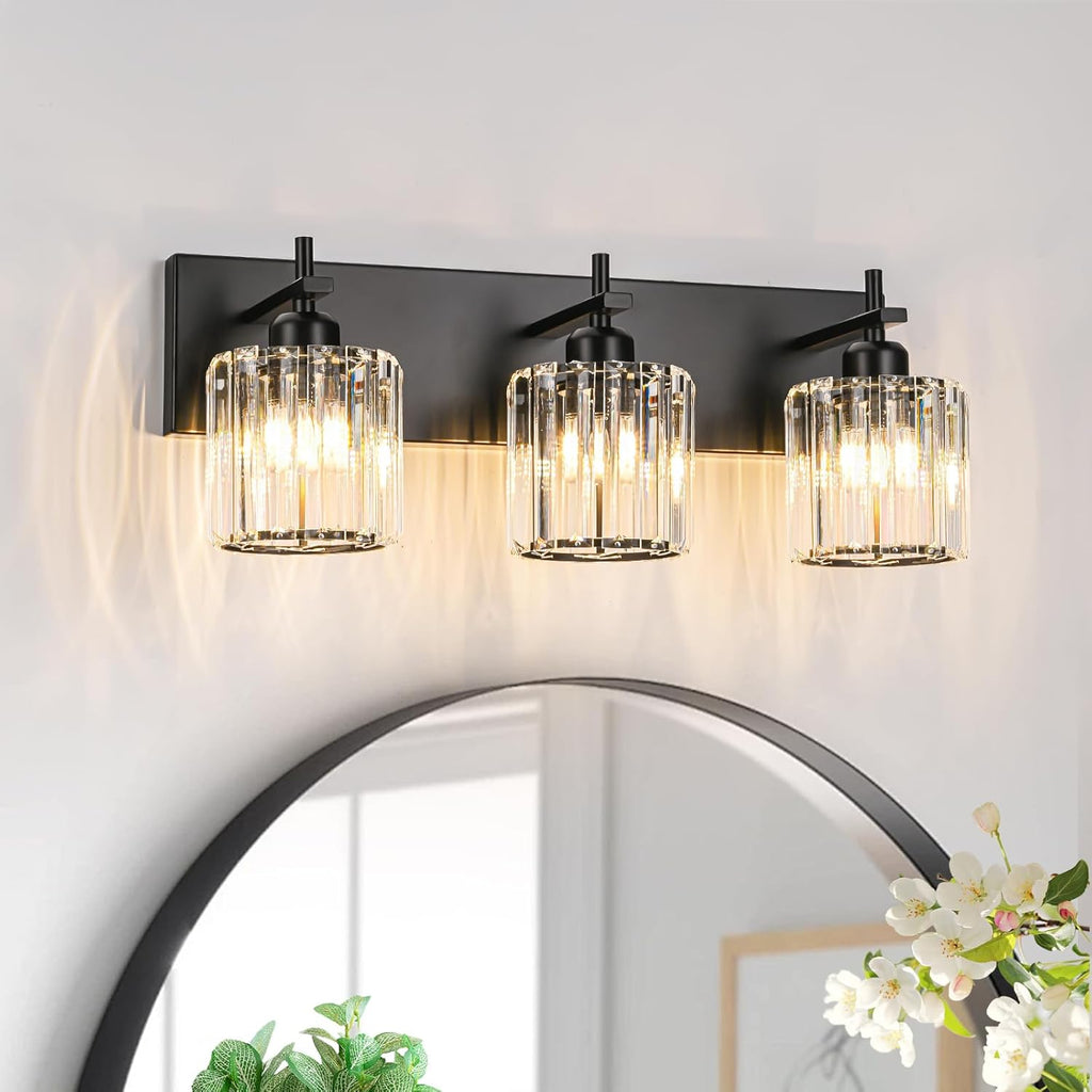 Modern Crystal Bathroom Vanity Light 3-Light Brass Wall Light Fixtures Over Mirror Black and Gold Vanity Lighting for Bathroom Square Shade Brass Wall Sconce - Grand Goldman
