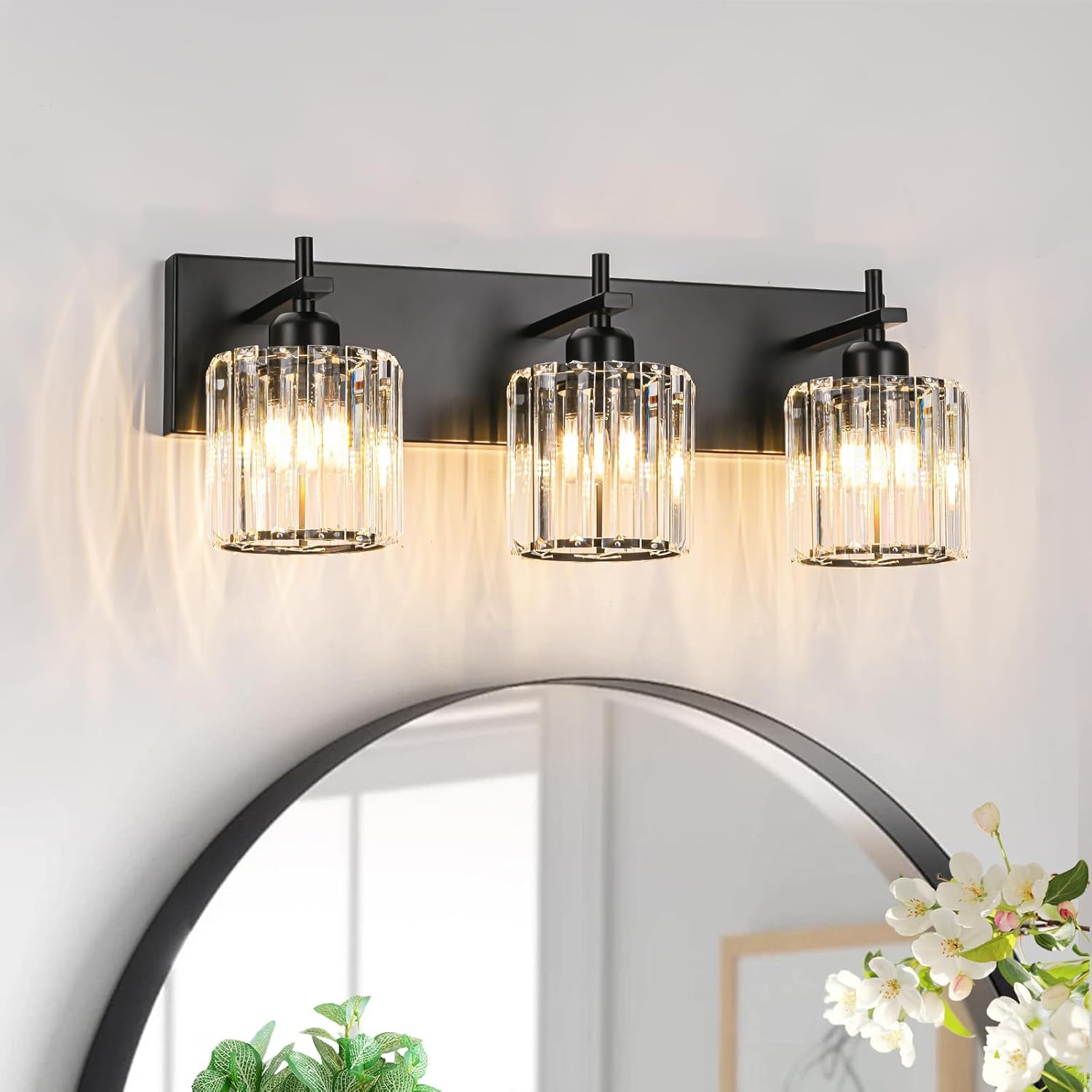 Modern Crystal Bathroom Vanity Light 3-Light Brass Wall Light Fixtures Over Mirror Black and Gold Vanity Lighting for Bathroom Square Shade Brass Wall Sconce - Grand Goldman