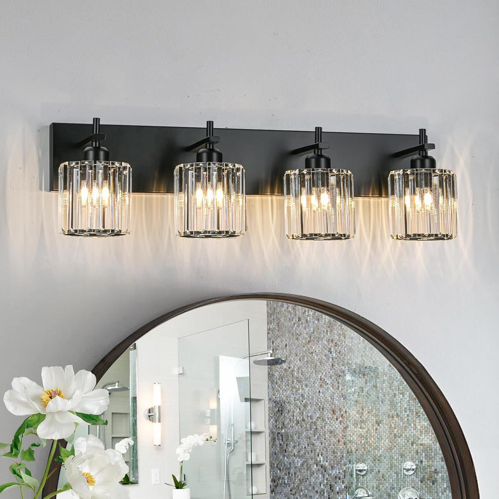 Modern Crystal Bathroom Vanity Light 3-Light Brass Wall Light Fixtures Over Mirror Black and Gold Vanity Lighting for Bathroom Square Shade Brass Wall Sconce - Grand Goldman
