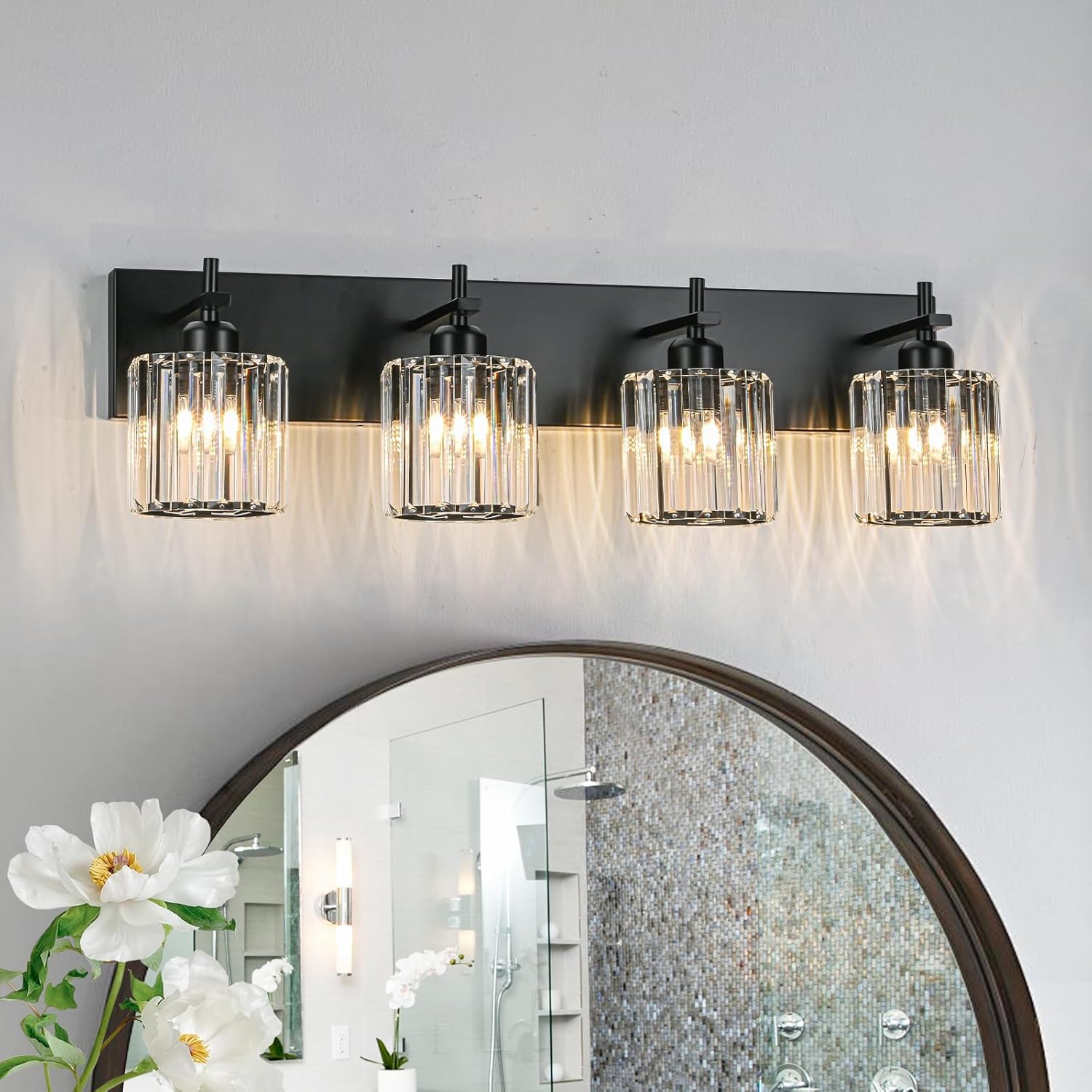 Modern Crystal Bathroom Vanity Light 3-Light Brass Wall Light Fixtures Over Mirror Black and Gold Vanity Lighting for Bathroom Square Shade Brass Wall Sconce - Grand Goldman