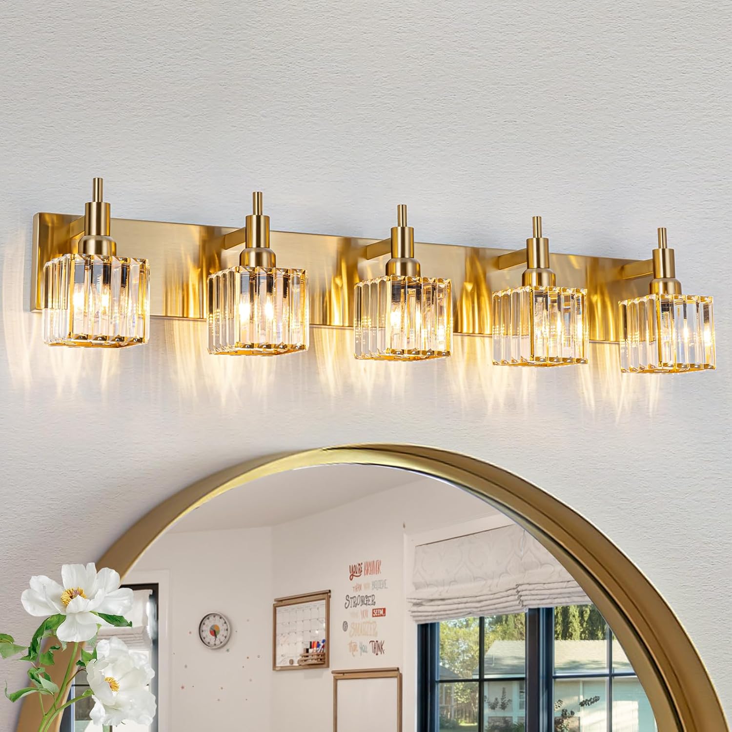 Modern Crystal Bathroom Vanity Light 3-Light Brass Wall Light Fixtures Over Mirror Black and Gold Vanity Lighting for Bathroom Square Shade Brass Wall Sconce - Grand Goldman