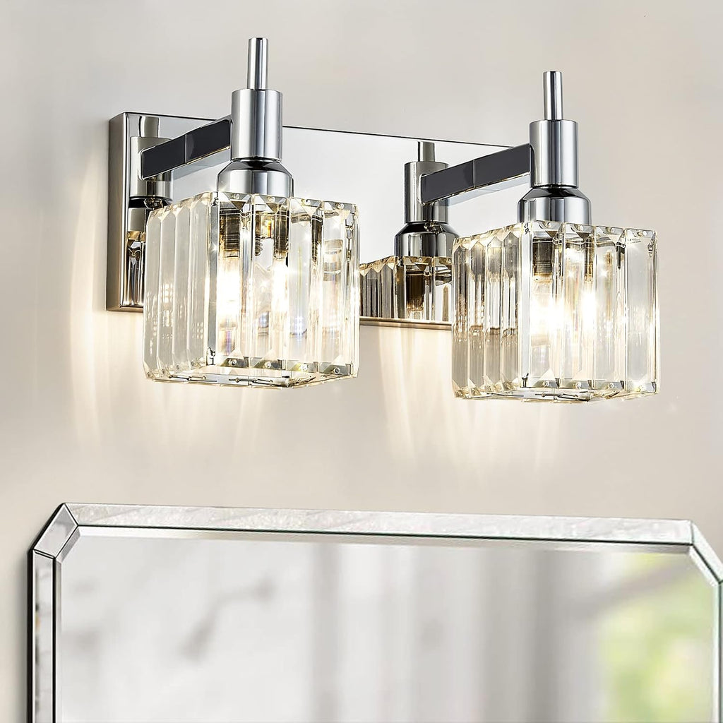 Modern Crystal Bathroom Vanity Light 3-Light Brass Wall Light Fixtures Over Mirror Black and Gold Vanity Lighting for Bathroom Square Shade Brass Wall Sconce - Grand Goldman